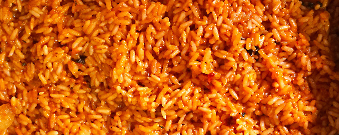 close up image of jollof rice, the inspiration behind the Post-Imperial fall collection.